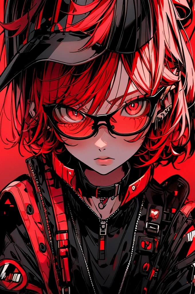 girl. red hair, cool black open short jacket, crazy, on futuristic neon night street background,Glasses、sober