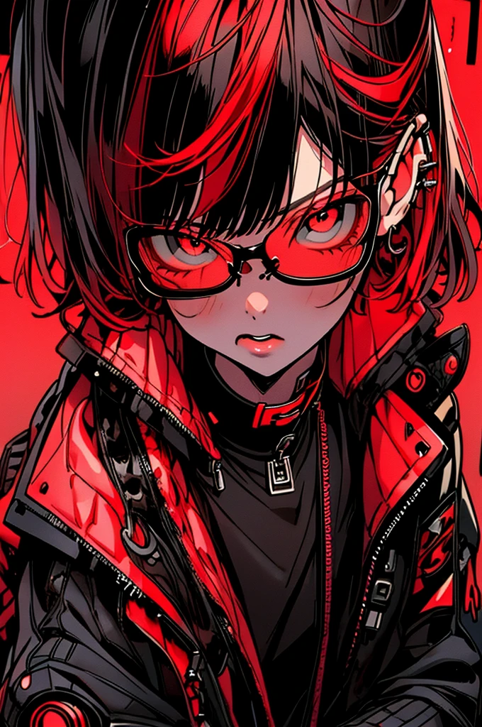 girl. red hair, cool black open short jacket, crazy, on futuristic neon night street background,Glasses、sober
