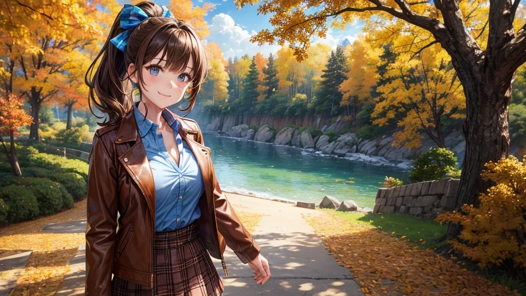 1girl, solo, trees, sun, clouds, autumn, colorful trees, falling leaves, ((brown hair)), ponytail, large breasts, ((brown leather jacket)), button down shirt, ((blue checked shirt)), ((unbuttoned shirt)), unbuttoning buttons, cleavage 1:3, blue eyes, long skirt, brown boots, smile, happy, looking at the viewer, walking, hair ribbon, golden necklate