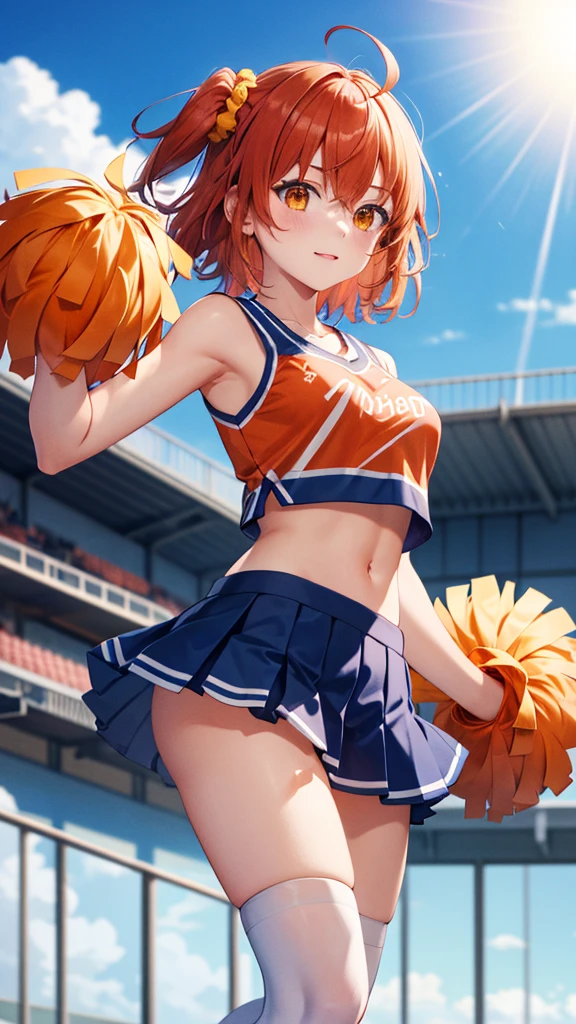 masterpiece, best quality, highres, aaritsuka, short hair, ahoge, hair scrunchie, orange scrunchie, medium breasts, cheerleader, crop top, miniskirt, school field, thigh socks