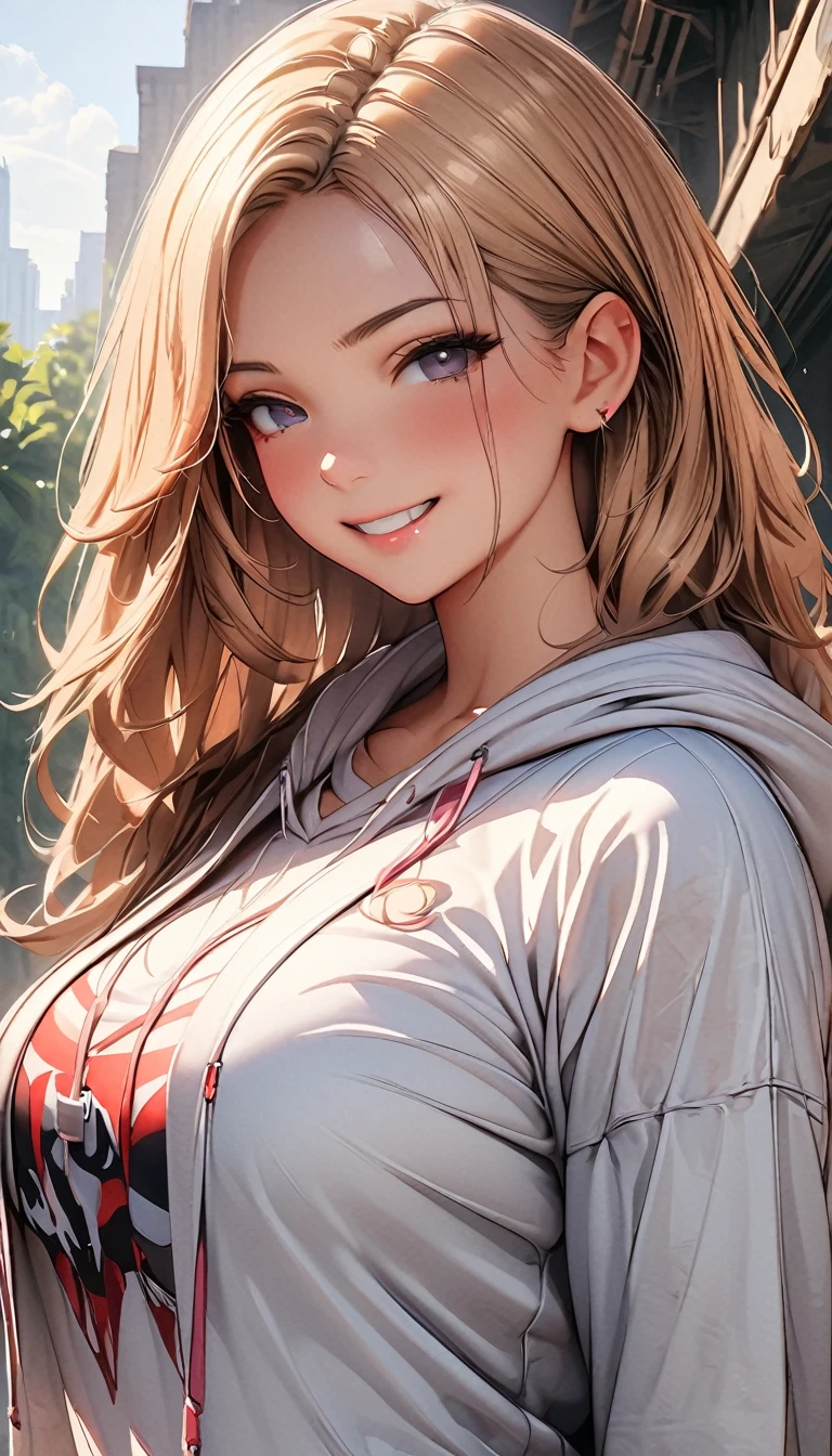 (Highest quality、masterpiece、High resolution、detailed), (Realistic skin texture:1.3), (detailedな目、Beautiful Face), 1 female,  Delicate face, cute, One Girl, alone,  Wicked Smile,hoodie, Pleated skirt, ＪＫ,Large Breasts、Attractive breasts Ultra HD, masterpiece, Highest quality, Super Detail, Accurate, , rtrophto1