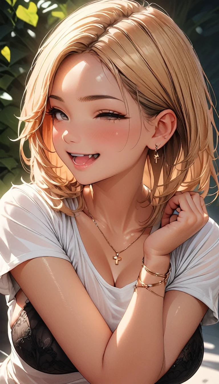 (Highest quality、masterpiece、High resolution、detailed), (Realistic skin texture:1.3), (detailedな目、Beautiful Face), 1 female, Delicate face, cute, She is wearing a low-neck short-sleeved T-shirt and a black bra, Playful, Ultra HD, masterpiece, Highest quality, Super Detail, Accurate, , rtrophto1