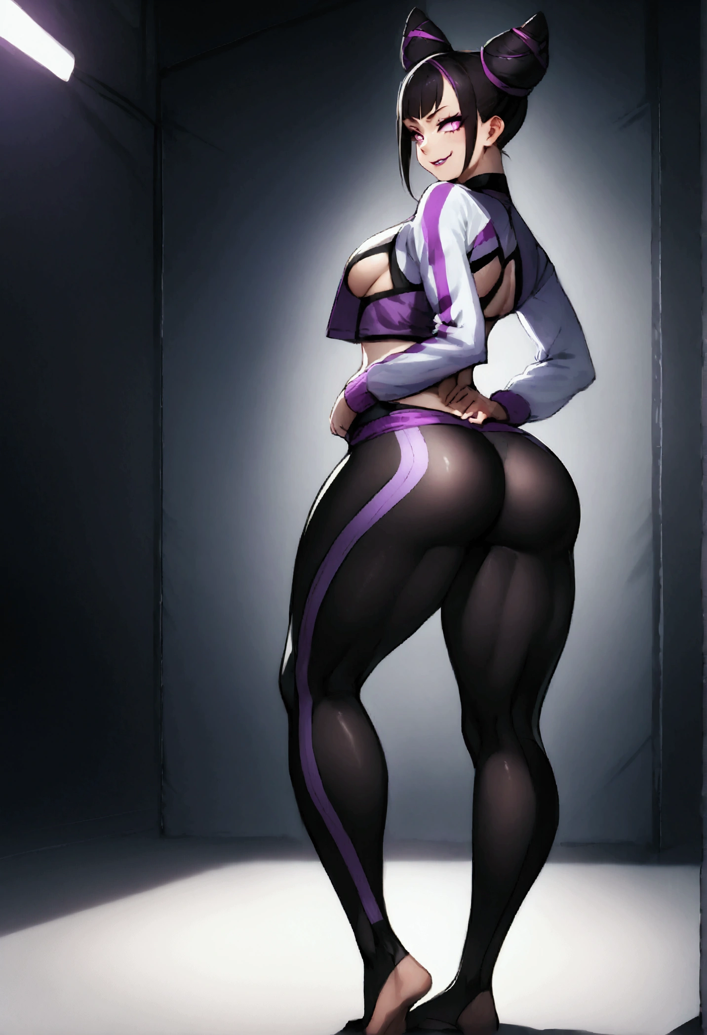 standing backwards,looking back,beautiful young fitness woman with , in a gym wearing May with black pantyhose, white and purple gym jacket. standing alone,hair horns,bright purple eyes,Evil smile,legging preto aura roxa,super bright purple right eyes,whole body,beautiful curves,hands on waist
