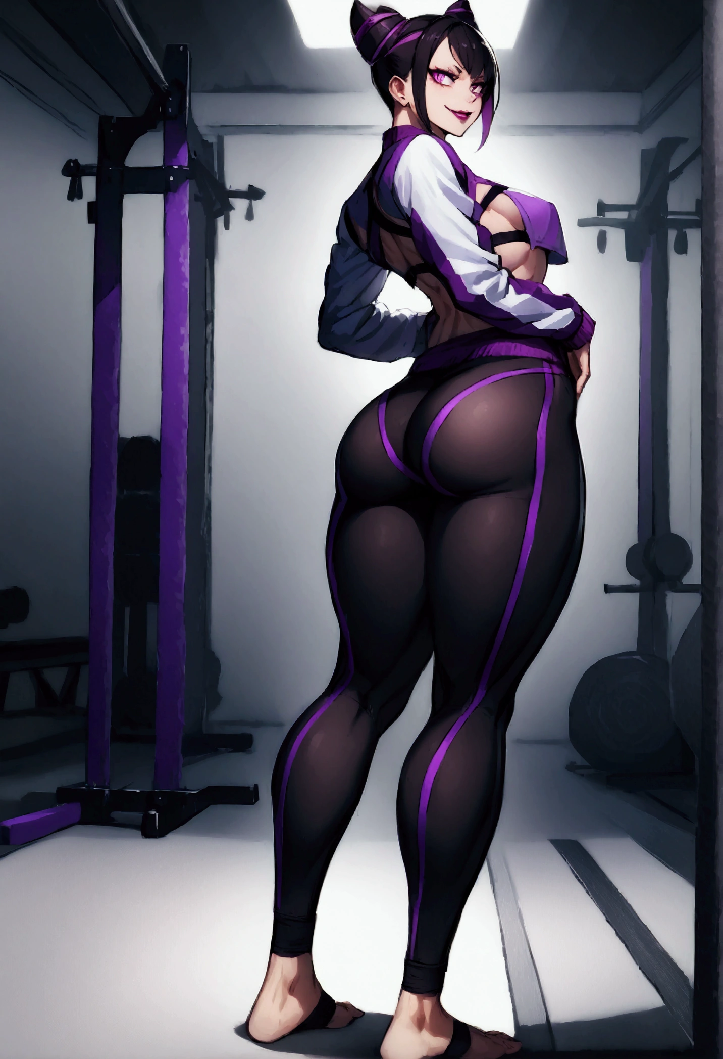 standing backwards,looking back,beautiful young fitness woman with , in a gym wearing May with black pantyhose, white and purple gym jacket. standing alone,hair horns,bright purple eyes,Evil smile,legging preto aura roxa,super bright purple right eyes,whole body,beautiful curves,hands on waist