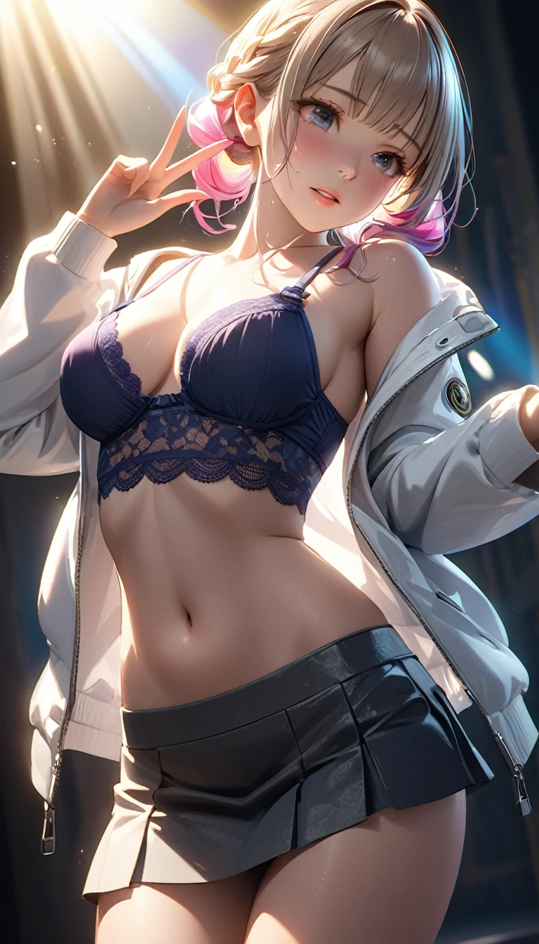 Masterpiece、最high quality、high quality、High definition、High resolution、High detail、Lens flare、Ray tracing method、high qualityの質感、high qualityの影、Beautiful details、Detailed and delicate、Detailed texture、Realistic facial expression、Realistic and colorful、Delicate、Cinematic Light、Side light、Sharp Focus、(1 woman:1.3)、(Intricate details、Makeup、Pure Eros Face_v1:0.5)、(Details Beautiful delicate face、Detailed beautiful delicate eyes、Perfect Facial Proportions、Detailed skin、Charm)、fancy hairstyles、Beautiful bangs、(Two-tone gradient hair color）、slender、(Upturned beautiful breasts)、Raise your arm and make a peace sign、Detailed crotch、Female juice、(Experiencing the best orgasm)、Light-colored mini bra、String mini bra、Light-colored V-cut、Light-colored thong、Thigh mini skirt、Low-rise mini skirt、Blouson、Crop top、Low-angle composition