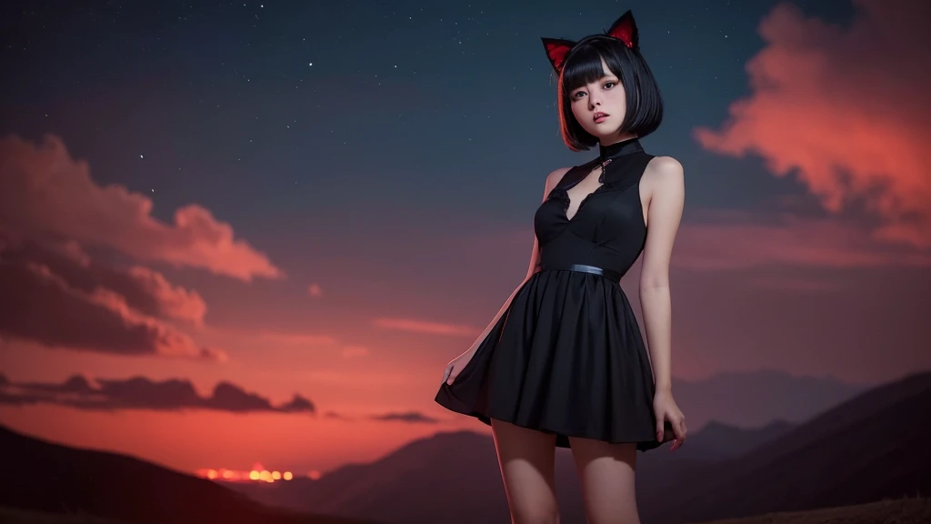 Delicate and dainty young woman with shiny bob-cut black hair and real cat ears. She is wearing red only dress with mini-skirt. The background is a fantastic and ethereal night sky that seems to be haunted by a specter. Her expression is stern and atmospheric. 10 years old, real photo style, beautiful face, stockings, 