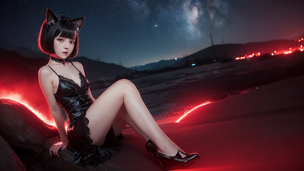 Delicate and dainty young woman with shiny bob-cut black hair and real cat ears. She is wearing red only dress with mini-skirt. The background is a fantastic and ethereal night sky that seems to be haunted by a specter. Her expression is stern and atmospheric. , real photo style, beautiful face, stockings,