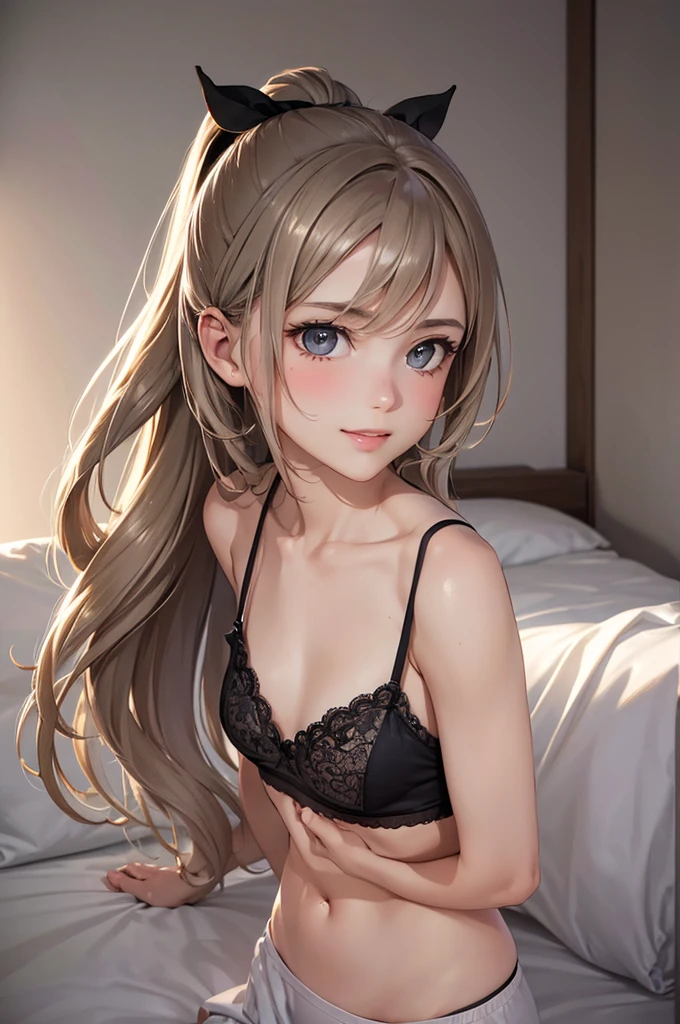 Best Quality,High resolution,8k,finelity detailed background,Masterpiece:1.2),beautiful girl,Shiny khaki hair,pony tail,Khaki Eyes,Gentle look,A refreshing look,smile,Best quality,Best Quality,Aesthetic and aesthetic:1.2,Best details((Super detailed))(High-definition CG illustrations),Dark grey underwear, (dark gray),Slender body,morning,Sun light,Bedroom,On the bed,smile,blush,cute,Scrounge,Looking up,Being spoiled,super model,wariza,shoot from,below