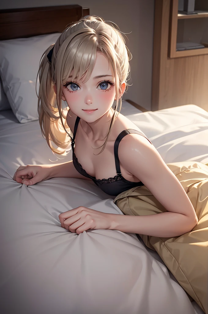 Best Quality,High resolution,8k,finelity detailed background,Masterpiece:1.2),beautiful girl,Shiny khaki hair,pony tail,Khaki Eyes,Gentle look,A refreshing look,smile,Best quality,Best Quality,Aesthetic and aesthetic:1.2,Best details((Super detailed))(High-definition CG illustrations),Dark grey underwear, (dark gray),Slender body,morning,Sun light,Bedroom,On the bed,smile,blush,cute,Scrounge,Looking up,Being spoiled,super model,wariza,shoot from,below