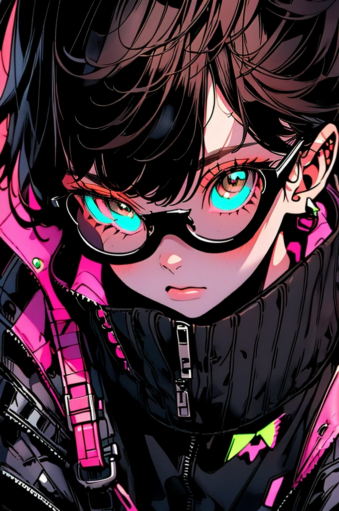 girl. Brown Hair、cool black open short jacket, crazy, on futuristic neon night street background,Glasses、sober、Landscape
