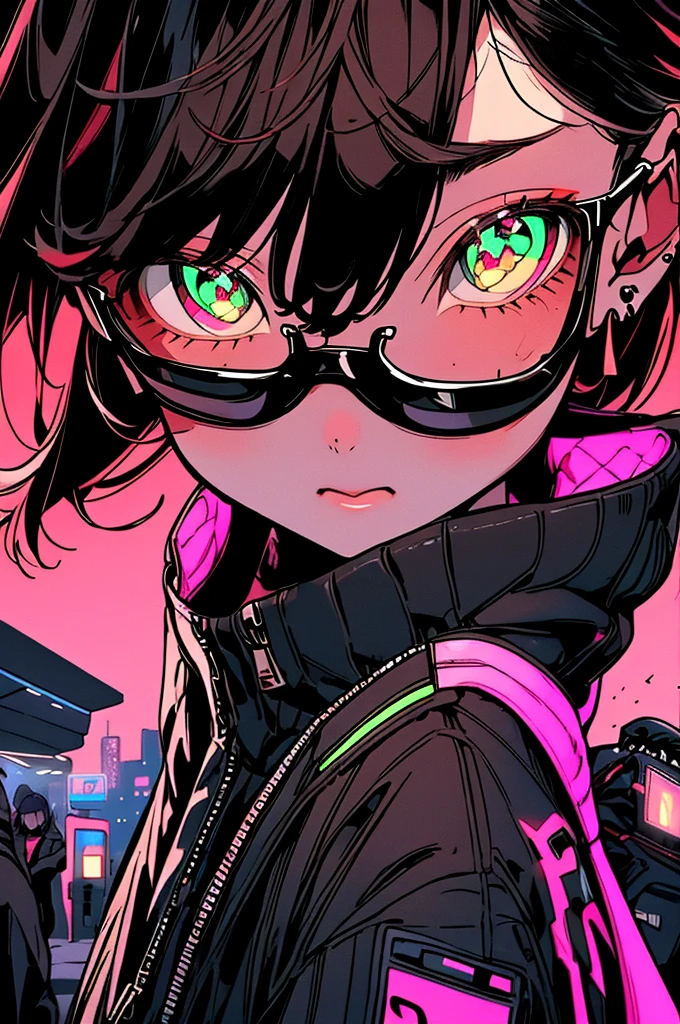 girl. Brown Hair、cool black open short jacket, crazy, on futuristic neon night street background,Glasses、sober、Landscape