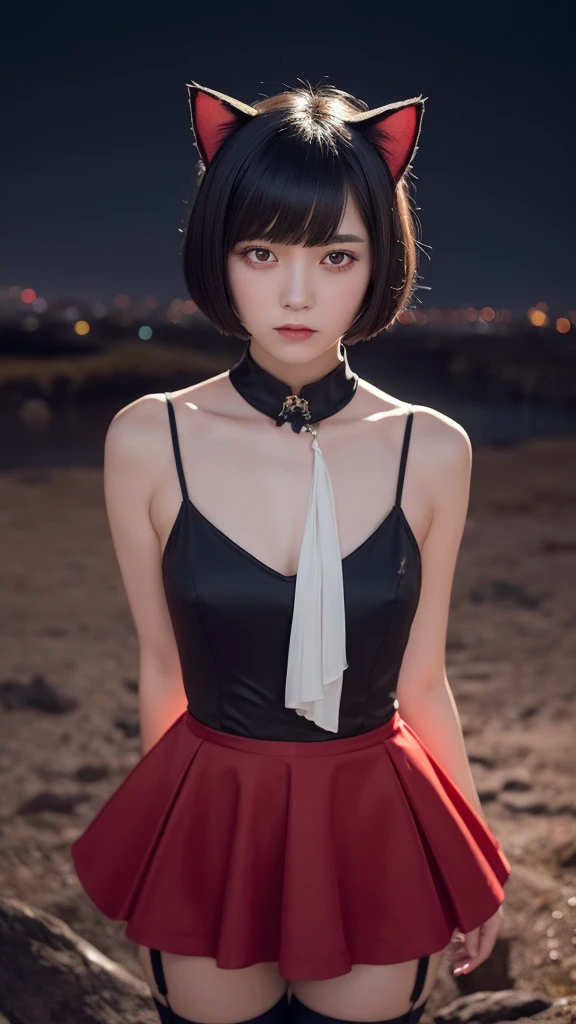 Delicate and dainty young woman with shiny bob-cut black hair and real cat ears. She is wearing red only dress with mini-skirt. The background is a fantastic and ethereal night sky that seems to be haunted by a specter. Her expression is stern and atmospheric. , real photo style, beautiful face, stockings,