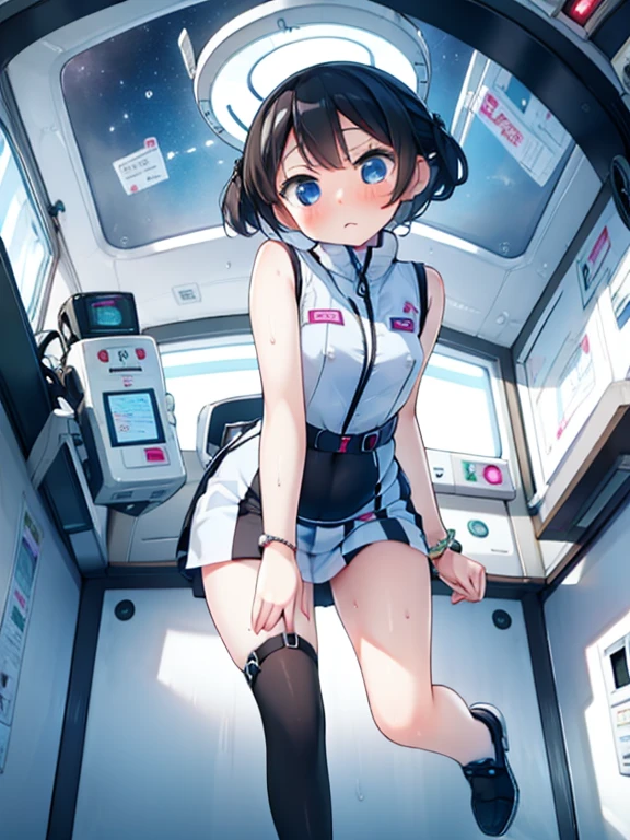 (Highest quality), (masterpiece), 1080P, High resolution, 4K, 8k, Inside the space station、Futuristic room、Thigh straps, Shooting from directly below, The woman on top of me, Nipples, 白いSweat, Covered , Sweat, Woman looking down, Skirt swimsuit, Thigh-high socks, To achieve this, , , whole body, Black leather shoes, Braided hair, Inner Color, Embarrassed face, Short black hair, bracelet, Bedroom,celestial body_Vest