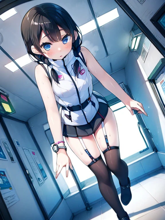 (Highest quality), (masterpiece), 1080P, High resolution, 4K, 8k, Inside the space station、Futuristic room、Thigh straps, Shooting from directly below, The woman on top of me, Nipples, 白いSweat, Covered , Sweat, Woman looking down, Skirt swimsuit, Thigh-high socks, To achieve this, ************, , whole body, Black leather shoes, Braided hair, Inner Color, Embarrassed face, Short black hair, bracelet, Bedroom,celestial body_Vest
