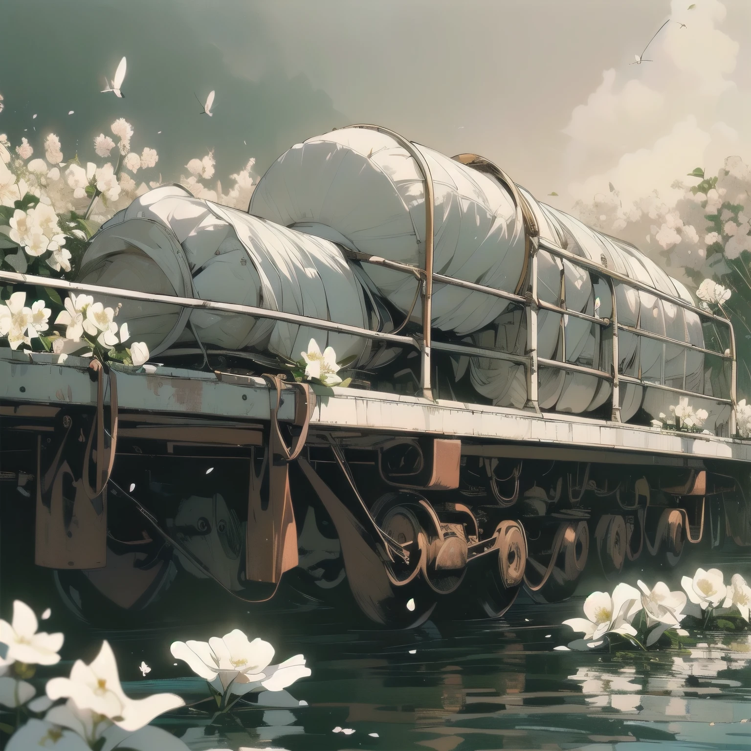 (((Masterpiece, top quality))), (((32K wallpaper))), ultra high resolution, (((close-up))), gorgeous light leak, (((backlit))), highly detailed background, top quality, (((no humans))), highly transparent river, (((extremely detailed rusty heavy truck with many white flowers)), (((( very dull color )))), (((( white flowers in the water))), (((White petals fly)))、エヴァンゲリオン