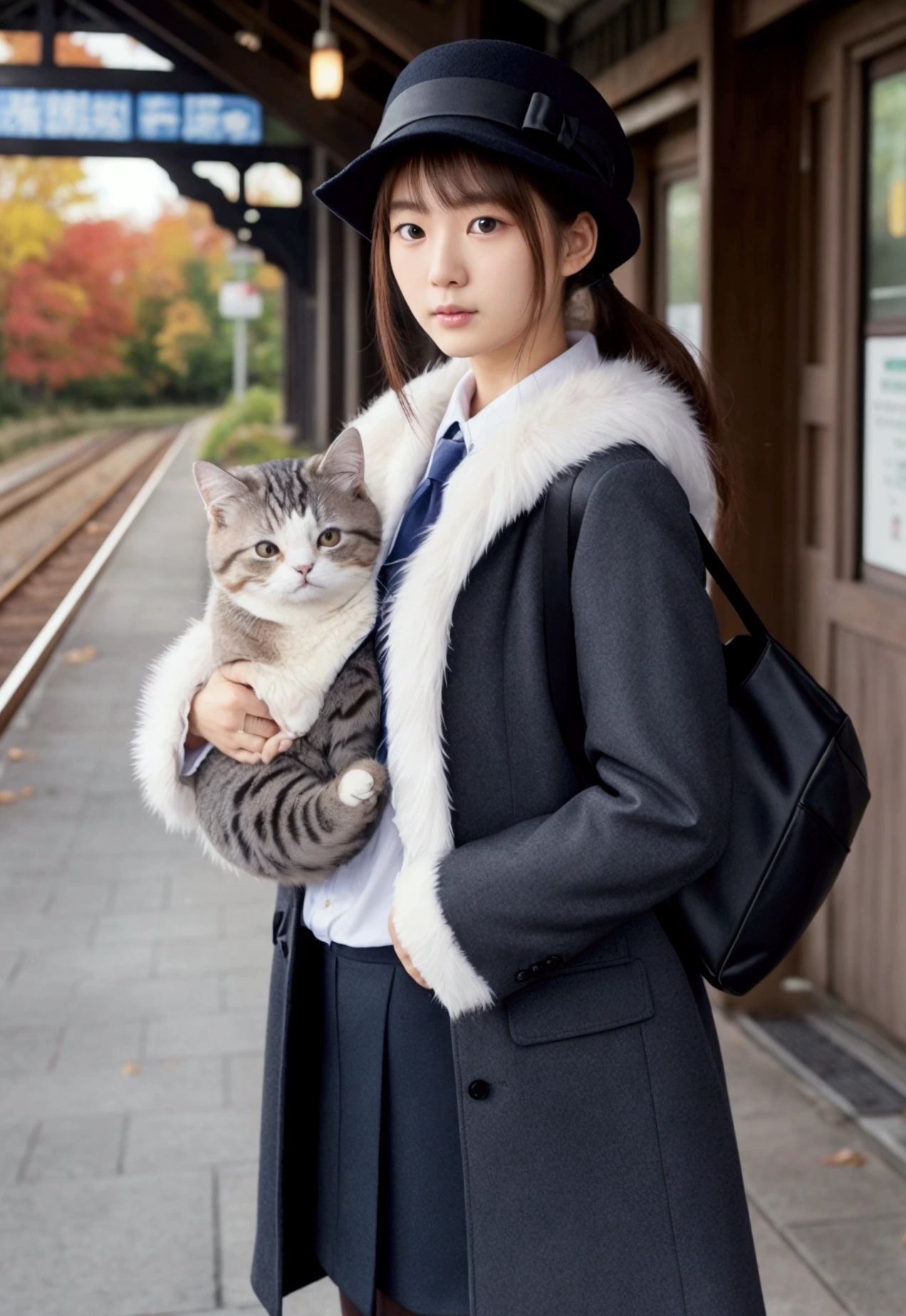 Cat,橘Cat,Carrying a small school bag,Train station in autumn,Personification, cloak,Ruan Jia,Suit,tie,花Cat,Stupid Dog,肌肉发达的雄Cat, (Delicate face), (Fine fluffy fur)