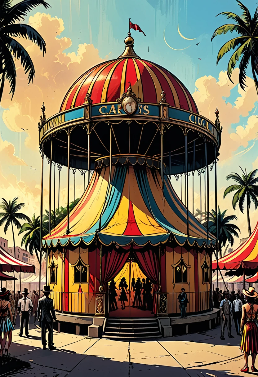 circus dome on the square of a tropical city, giant triangular circus dome, palm trees, street, people, magician, clowns, gypsy dancers, lion in a cage, city square, graphic style of novel comics, 2d, 8k, hyperrealism, masterpiece, high resolution, best quality, ultra-detailed, super realistic, Hyperrealistic art, high-quality, ultra high res, highest detailed, lot of details, Extremely high-resolution details, incredibly lifelike, colourful, soft cinematic light,