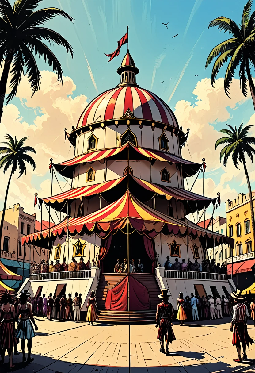 circus dome on the square of a tropical city, giant triangular circus dome, palm trees, street, people, magician, clowns, gypsy dancers, lion in a cage, city square, graphic style of novel comics, 2d, 8k, hyperrealism, masterpiece, high resolution, best quality, ultra-detailed, super realistic, Hyperrealistic art, high-quality, ultra high res, highest detailed, lot of details, Extremely high-resolution details, incredibly lifelike, colourful, soft cinematic light,