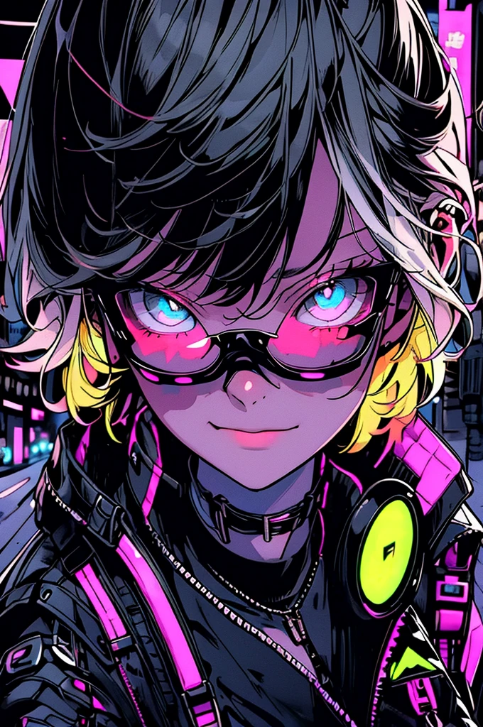 girl. cool black open short jacket, crazy, on futuristic neon night street background,Glasses、Landscape、Blonde
