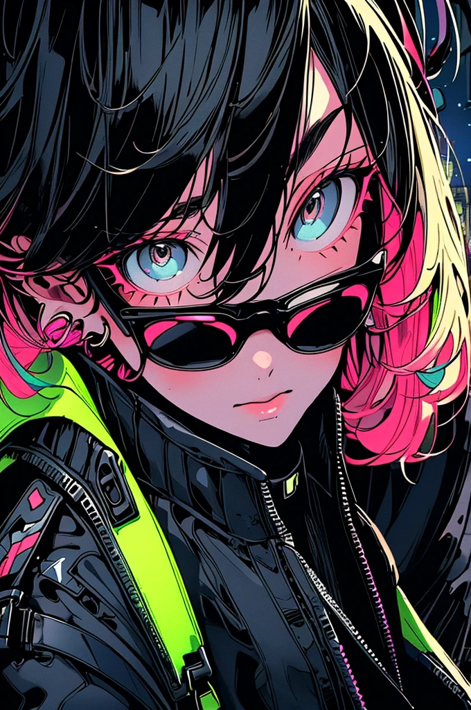 girl. cool black open short jacket, crazy, on futuristic neon night street background,Glasses、Landscape、Blonde