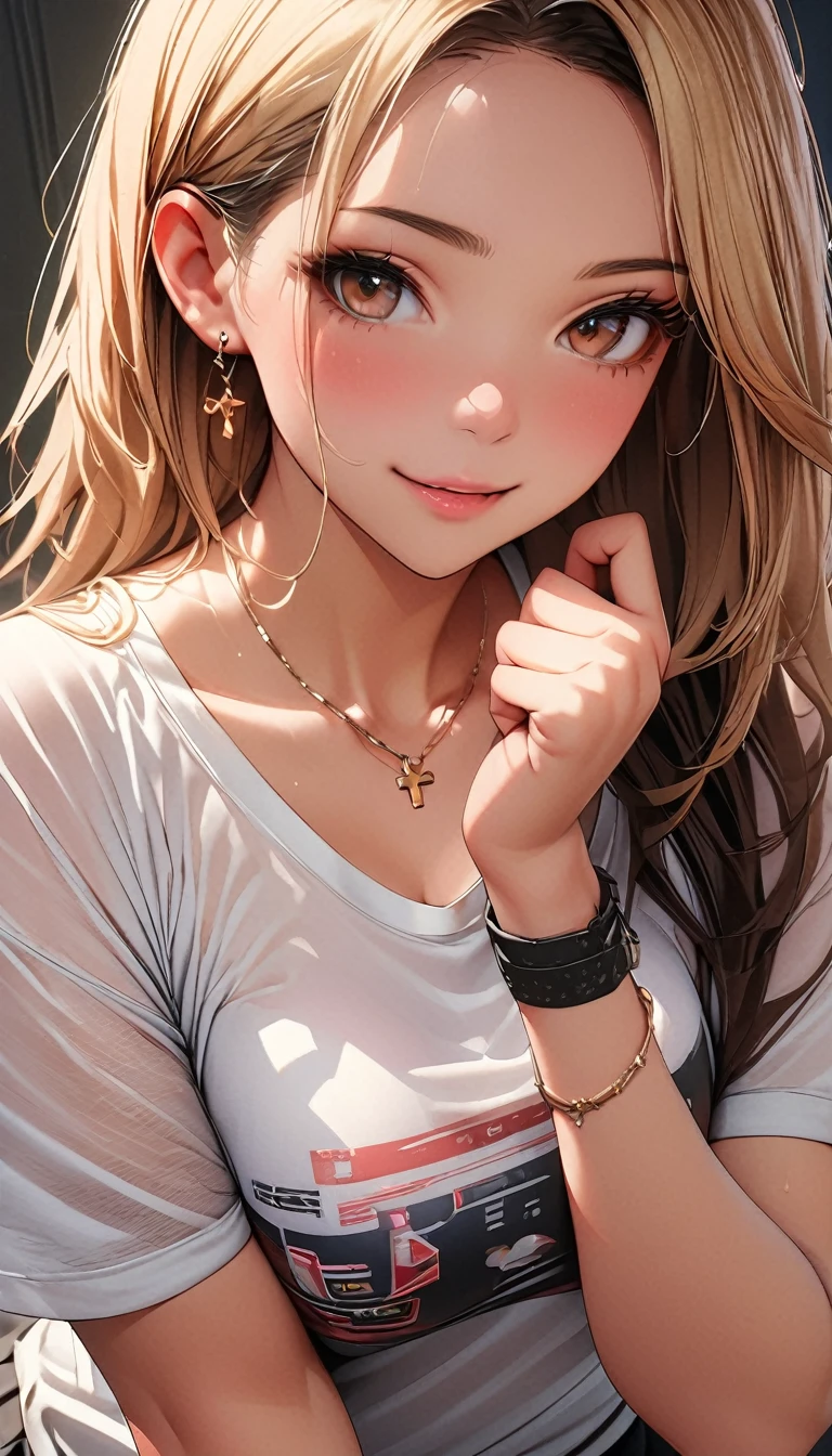(Highest quality、masterpiece、High resolution、detailed), (Realistic skin texture:1.3), (detailedな目、Beautiful Face), 1 female, Delicate face, cute, She is wearing a low-neck short-sleeved T-shirt and a black bra, Playful, Ultra HD, masterpiece, Highest quality, Super Detail, Accurate, , rtrophto1