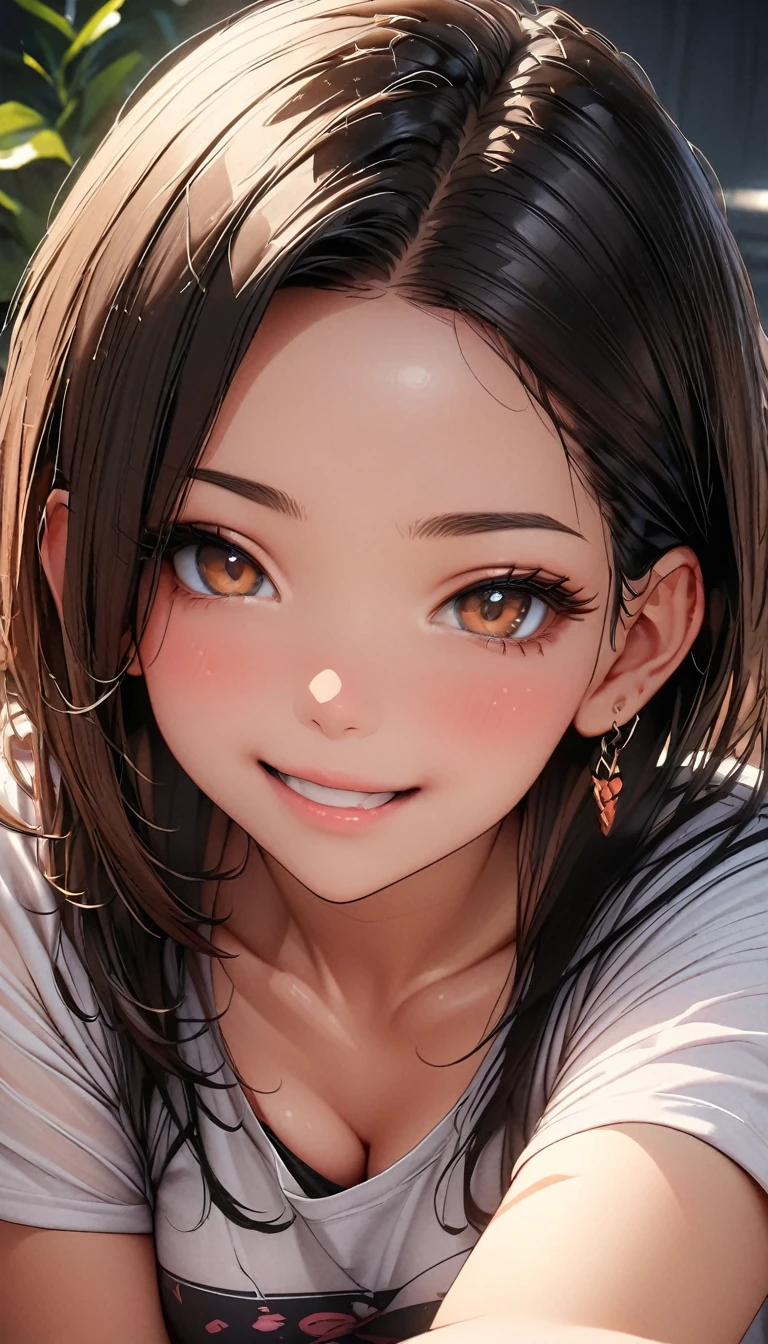 (Highest quality、masterpiece、High resolution、detailed), (Realistic skin texture:1.3), (detailedな目、Beautiful Face), 1 female,  Delicate face, cute, She is wearing a low-neck short-sleeved T-shirt and a black bra,  Playful, Ultra HD, masterpiece, Highest quality, Super Detail, Accurate, , rtrophto1