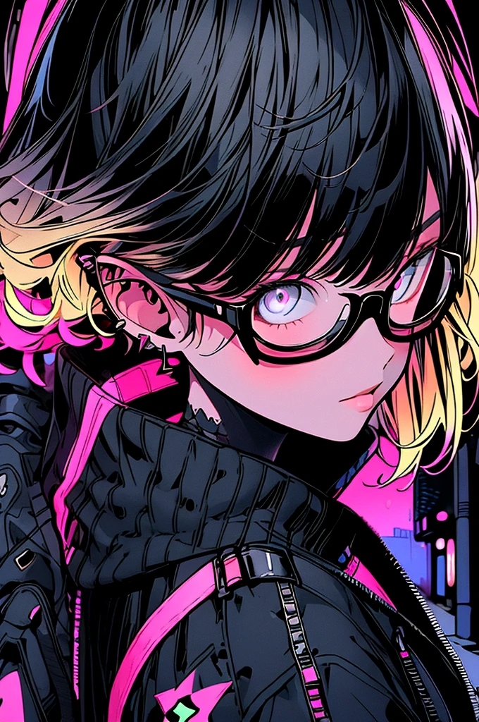girl. cool black open short jacket, crazy, on futuristic neon night street background,Glasses、Landscape、Blonde