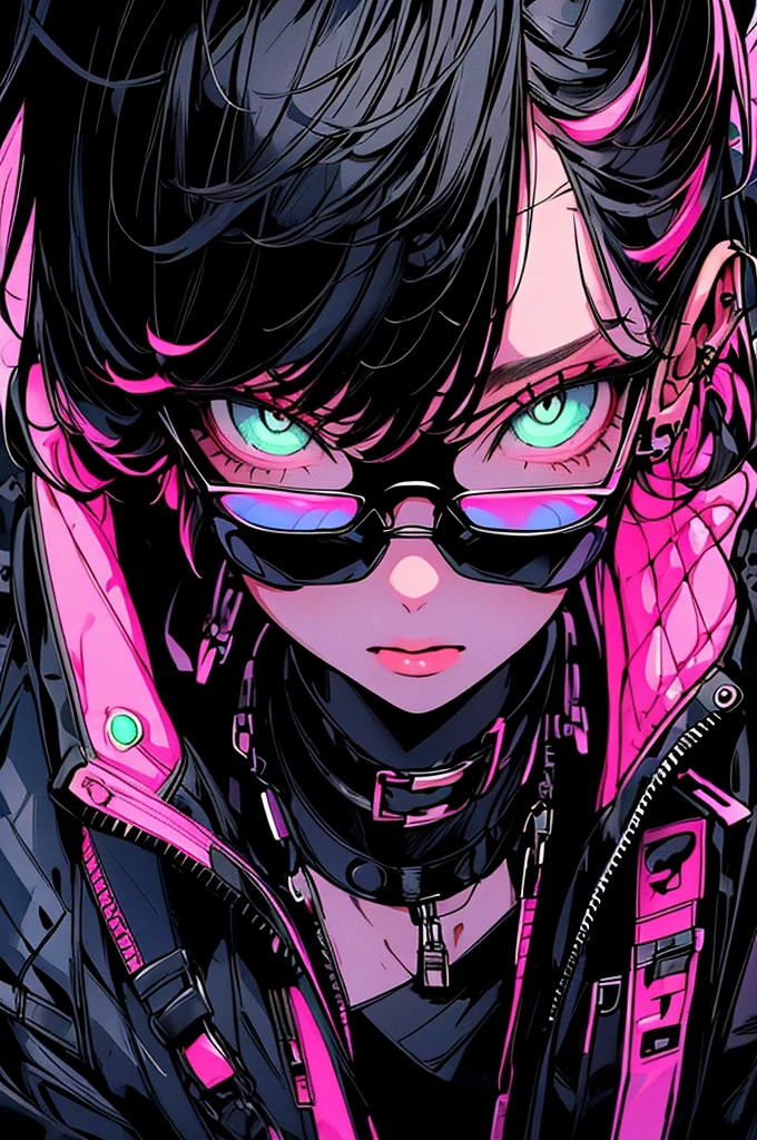 girl. cool black open short jacket, crazy, on futuristic neon night street background,Glasses、Landscape、Blonde