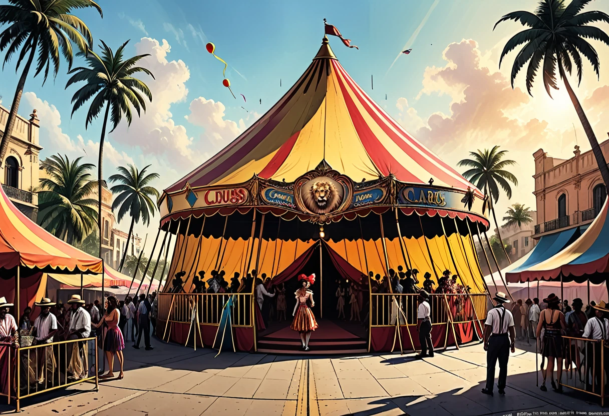 circus fabric dome on the square of a tropical city, giant triangular circus fabric dome, palm trees, street, people, magician, clowns, gypsy dancers, lion in a cage, city square, graphic style of novel comics, 2d, 8k, hyperrealism, masterpiece, high resolution, best quality, ultra-detailed, super realistic, Hyperrealistic art, high-quality, ultra high res, highest detailed, lot of details, Extremely high-resolution details, incredibly lifelike, colourful, soft cinematic light,