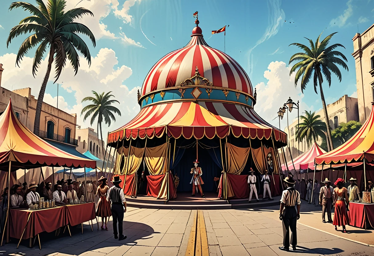circus fabric dome on the square of a tropical city, giant triangular circus fabric dome, palm trees, street, people, magician, clowns, gypsy dancers, lion in a cage, city square, graphic style of novel comics, 2d, 8k, hyperrealism, masterpiece, high resolution, best quality, ultra-detailed, super realistic, Hyperrealistic art, high-quality, ultra high res, highest detailed, lot of details, Extremely high-resolution details, incredibly lifelike, colourful, soft cinematic light,