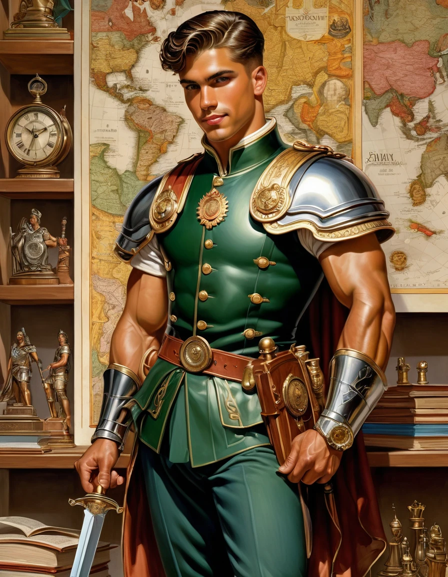 in jc leyendecker and paul cadmus art style, LARGE SHELVES CONTAING one book one chess board one clock, one whip, a throphy a map a house plan, a shotgun, fullbody, a young roman soldier latino man the young man is standing holding a sword and shield, soft colors, with a sexy look, smiling, carismatic gaze, barefoot, perfect anatomy, skinny detailed muscles, muscled legs, handsome, gorgeous, GREEN EYES, perfect detailed hands, latino, rose, smirk, short bob haircut, ruffles, silk, reach intricate background, realism WIDE ANGLE portrait, oil painting, masterpiece, shadows, expert, insanely detailed, 4k resolutio