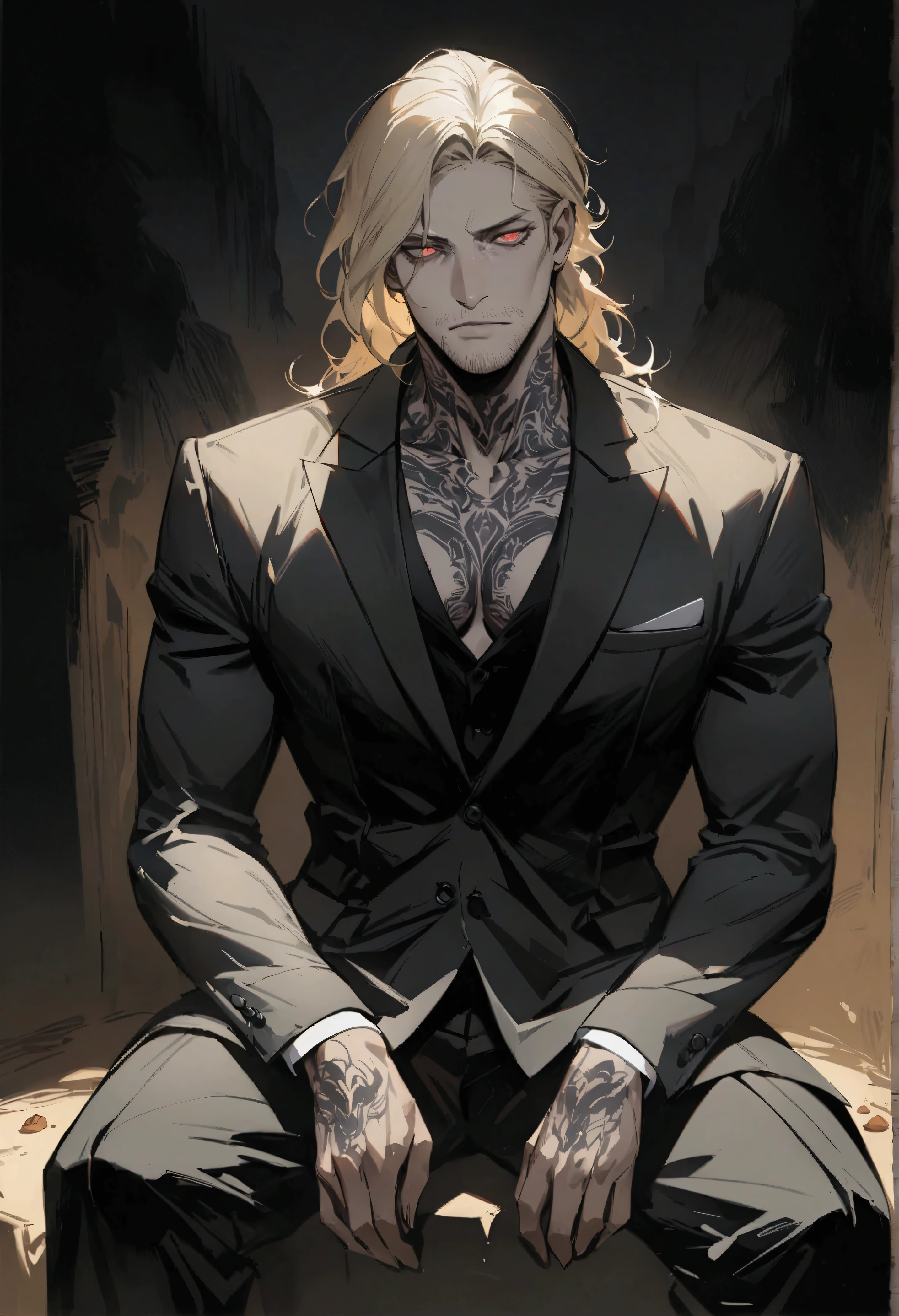 Pale skin and a gaunt face. Romanian ethnicity with messy blond hair and Stubble on chin. Wearing a black suit and black shirt, with intense almond eyes smoldering. A sense of power and authority. A rugged appearance. Young man. tiered eyes, "lean physique" ,"concept art," , "high detail", "high-res", "ominous aura,", "8k resolution", "oil painting", "darker tone" , "little saturation" ,"dark feeling", "concept art" , "detailed features" , "detailed eyes" (masterpiece), highest quality, "Expressive eyes", "tattooed neck" ,"highest quality", (masterpiece), "Suit" , "smoking" , "sitting"