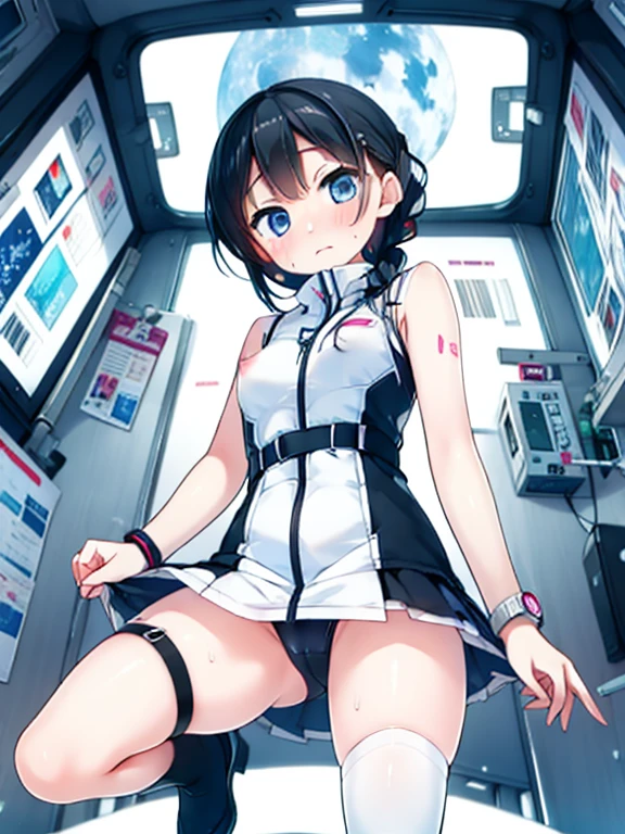 (Highest quality), (masterpiece), 1080P, High resolution, 4K, 8k, Inside the space station、Futuristic room、Thigh straps, Shooting from directly below, The woman on top of me, Nipples, 白いSweat, Covered , Sweat, Woman looking down, Skirt swimsuit, Thigh-high socks, To achieve this, , , whole body, Black leather shoes, Braided hair, Inner Color, Embarrassed face, Short black hair, bracelet, Bedroom,celestial body_Vest