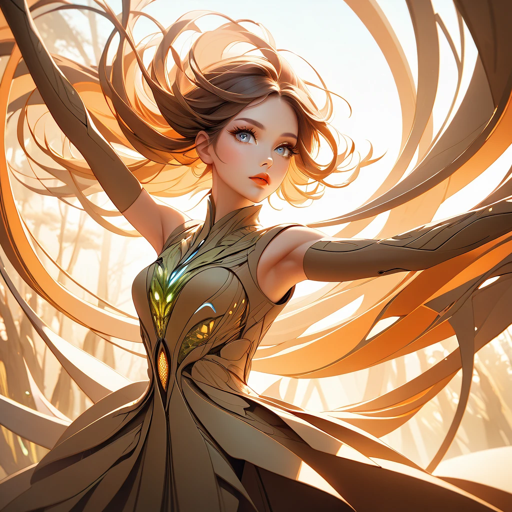 a woman wearing an eco fashion dress, beautiful detailed eyes, beautiful detailed lips, extremely detailed eyes and face, long eyelashes, nature inspired, made from sustainable materials, futuristic silhouette, dynamic pose, natural lighting, warm color palette, cinematic composition.