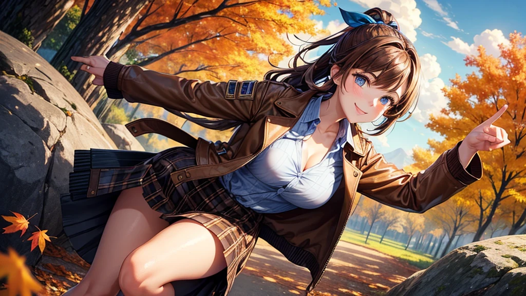 1girl, solo, trees, sun, clouds, autumn, colorful trees, falling leaves, ((brown hair)), ponytail, large breasts, ((brown leather jacket)), button down shirt, ((blue checked shirt)), ((unbuttoned shirt)), unbuttoning buttons, cleavage 1:3, blue eyes, long skirt, brown boots, smile, happy, looking at the viewer, walking, hair ribbon, golden necklate