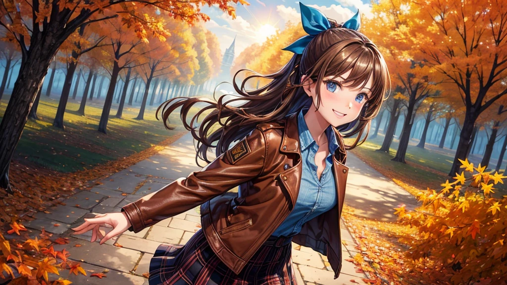 1girl, solo, trees, sun, clouds, autumn, colorful trees, falling leaves, ((brown hair)), ponytail, large breasts, ((brown leather jacket)), button down shirt, ((blue checked shirt)), ((unbuttoned shirt)), unbuttoning buttons, cleavage 1:3, blue eyes, long skirt, brown boots, smile, happy, looking at the viewer, walking, hair ribbon, golden necklate