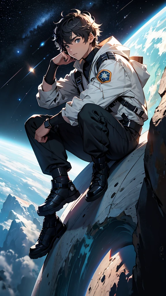 Create an image space boy sitting on asteroid and watching collection of 2 stars