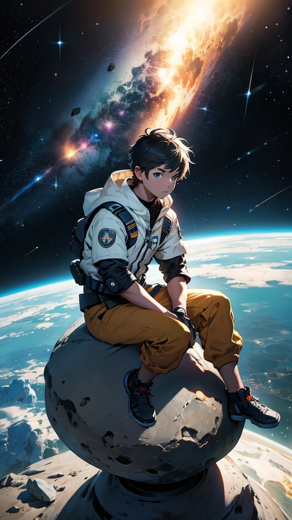 Create an image space boy sitting on asteroid and watching collection of 2 stars