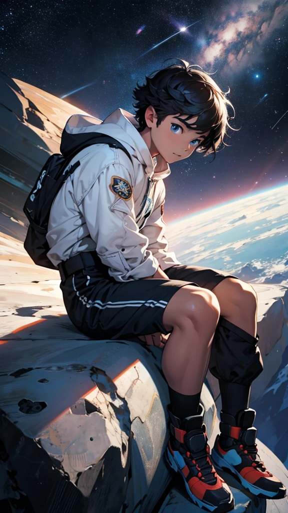 Create an image space boy sitting on asteroid and watching collection of 2 stars