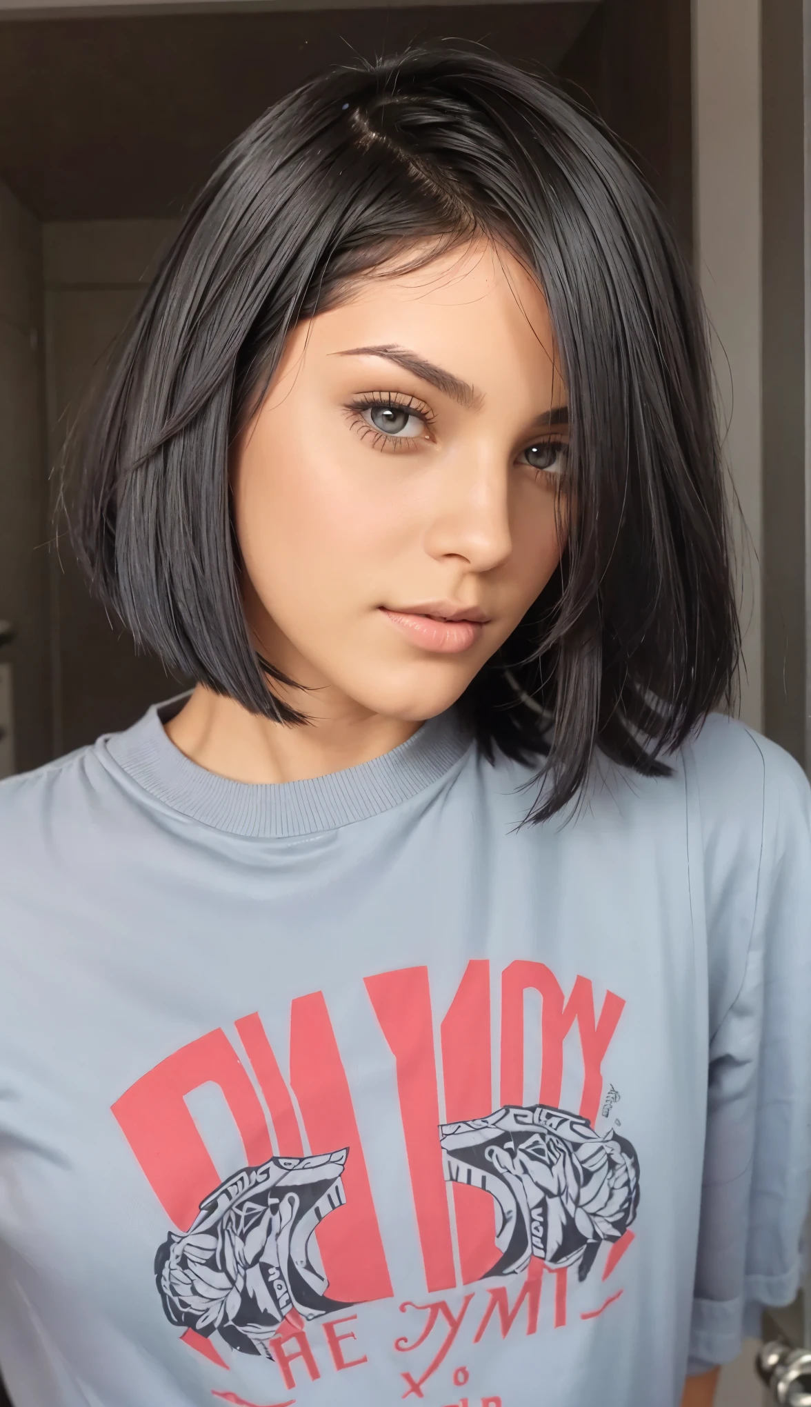 a woman with a gray shirt and black hair, violet myers, black Short hair bob cut, black bob hair, black bob cut hair, chrome Short hair bob cut, with short hair, with straight black hair, bob cut hair, short hair with gel, Short hair bob cut, bob cut, black shiny Short hair bob cut, short and straight hair, short dark hair, with a bob cut