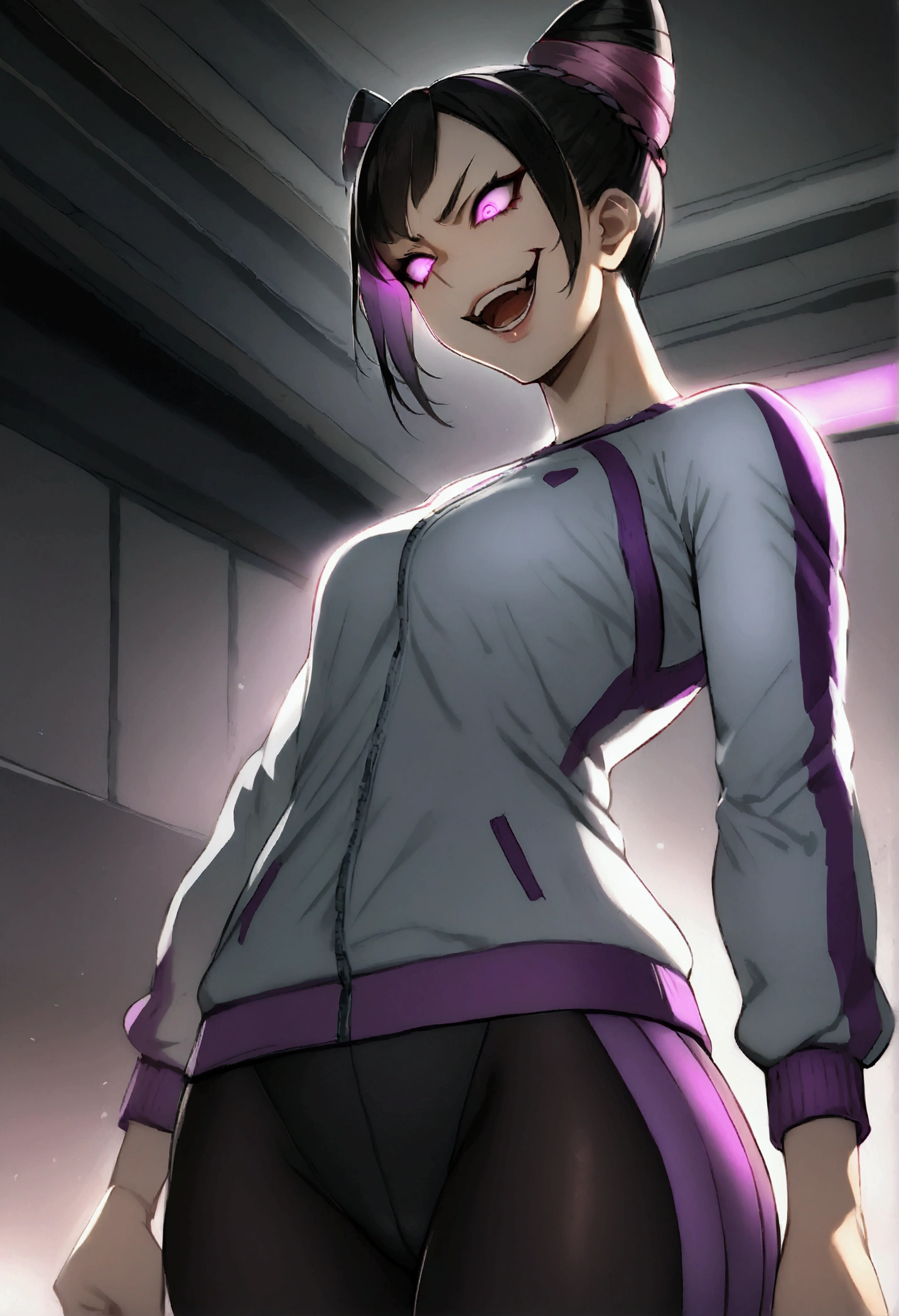 dark eye shadow,shining eyes,beautiful young fitness woman with , in a gym wearing May with black pantyhose, tight white and purple gym jacket. standing alone,hair horns,glowing purple eyes,Evil smile,legging preto ,labiaa,dark eye shadow,shining eyes,open mouth with big evil smile