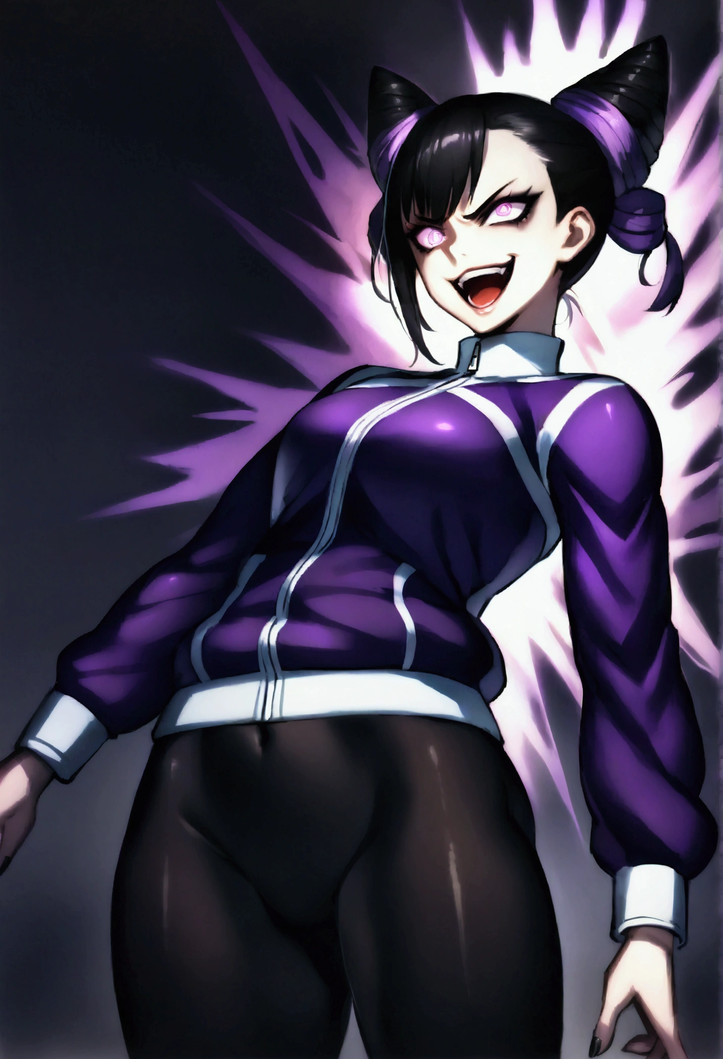 dark eye shadow,shining eyes,beautiful young fitness woman with , in a gym wearing May with black pantyhose, tight white and purple gym jacket. standing alone,hair horns,glowing purple eyes,Evil smile,legging preto ,labiaa,dark eye shadow,shining eyes,open mouth with big evil smile
