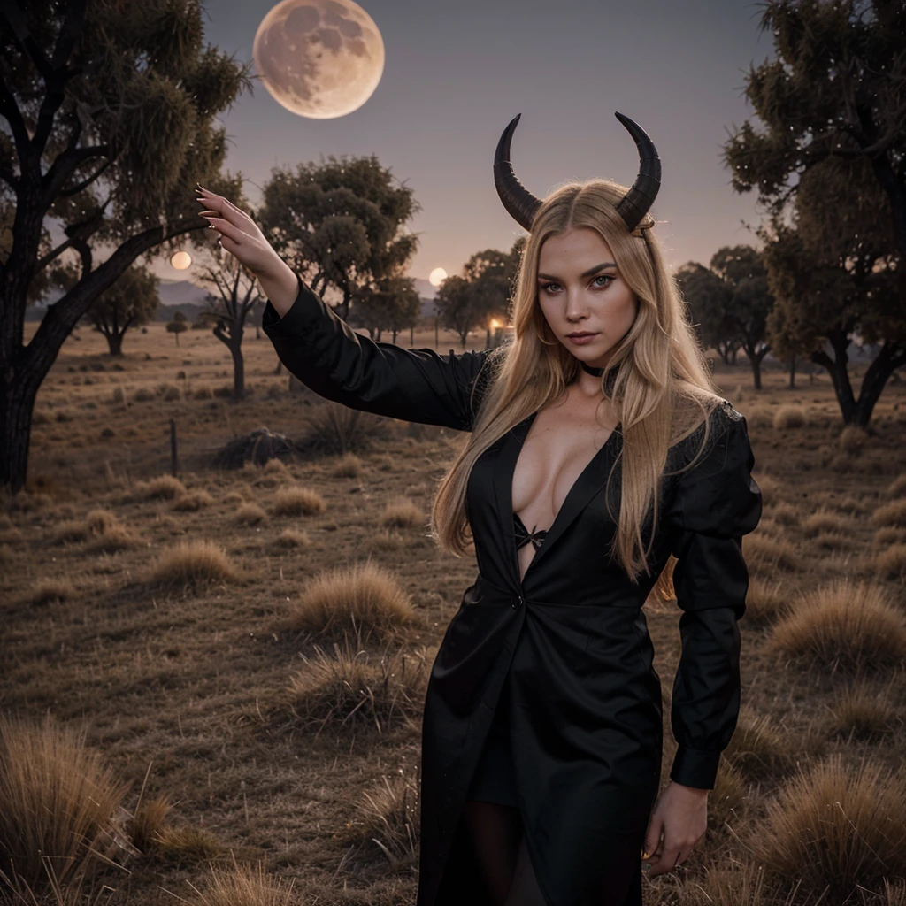 Create a epicrealistic blond long hair sexy almost alive woman with goat horns, dramatic eyeshadows, with a scar in both eyes, big claws wearing a black dress suit with looking at the night below on a full red moon with dry grass, dry evil trees and many crows around