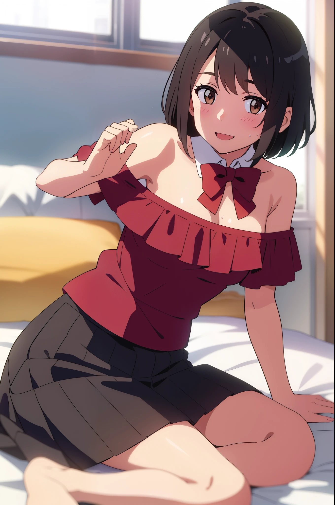 shinkai makoto, kimi no na wa., 1girl, bangs, black hair, blush, brown eyes, perfect face, looking at the viewer, ruffled clothing, off shoulder strapless, skirt, detached collar, red ribbon, red bow, short hair, solo, shinny skin, smile, cute, open mouth, love background, bed, sweat, full body, (masterpiece), best quality
