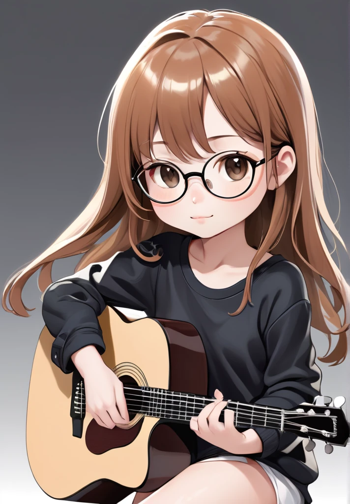 high resolution,best qualityer,naturals, 
Illustrator without black lines, black contour lines, or black line drawings, flat illustration e monocromática, coloring similar to foreign animation, Chibi character, アニメ, fluffly, full body illustration, Deformed illustration, , african ancestry, skin black, with glasses, sitting holding a guitar with white and light brown as precious colors, flat illustration, Simpler, minimalism, White background, longye hair, chestnut hair, divided bangs,slightly-smile,
jaded, 