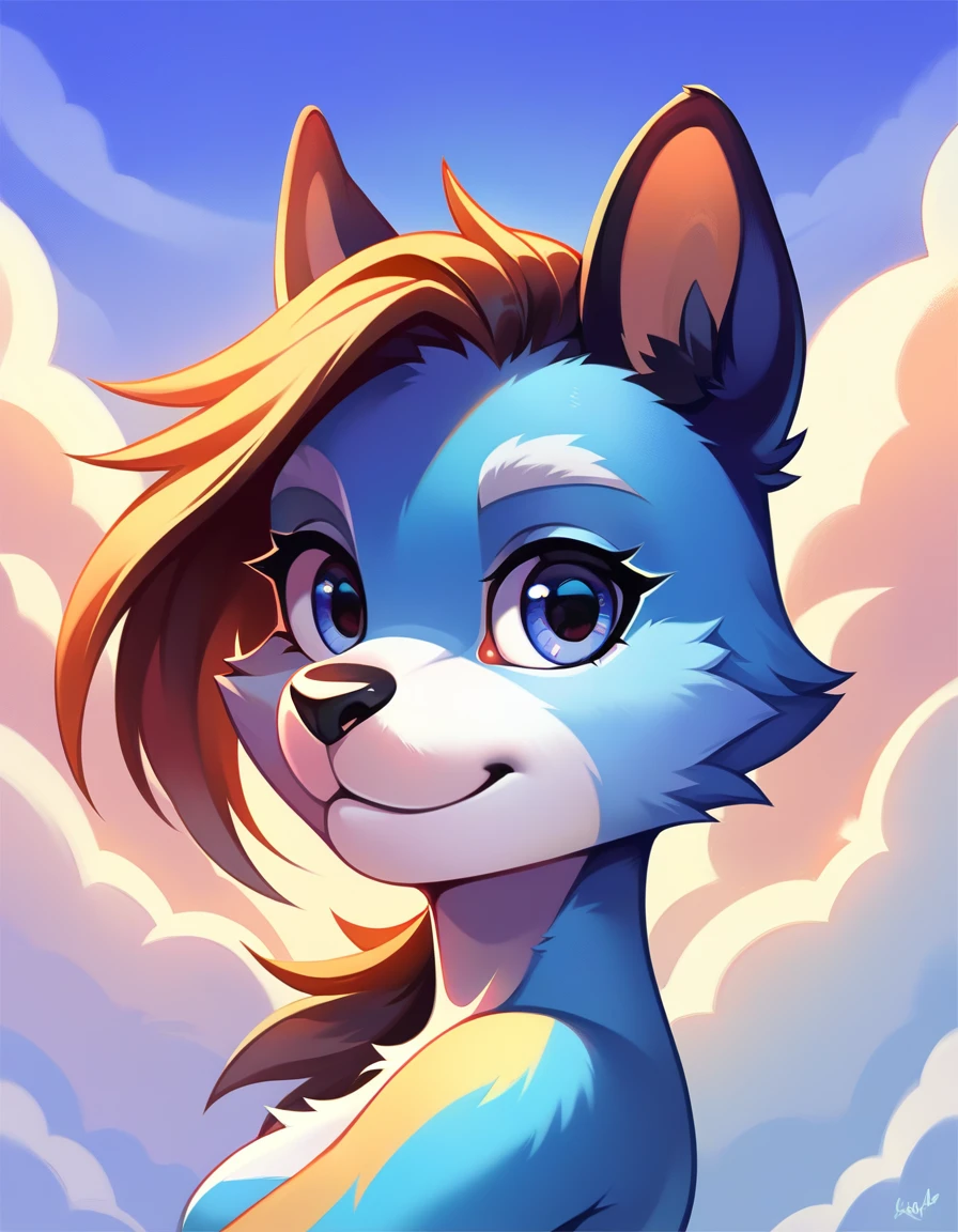 score_9, score_8_highly, score_8, 1 girl, source_cartoon, source_furry, blauyxl, blue healer, (Subscribe to:0.4), 18 year old girl, Cowboy-shot, anthro, furry, tail, blue body, animal ears, flat shaded background, heaven, day, cloud, blue heaven, female, pretty face, facial focus, headshot, portrait, Head focus, , detailed fur texture, Viewers look at, dynamic angle, dynamic pose,