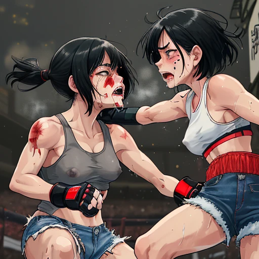 two person face to face.They trade punches with each other. a bloody crying beautiful Japanese female fighter is being beating terribly by a male fighter in the backstreet. Her expression is sad. she is pinch. Blood is dripping from her nose. She is covered in scars and bruises. she is damaged terribry. Short-cut black hair, out of breath, drooling from mouth, one eye closd, crying, exhausted, drenched in sweat. Erect nipples. open finger glove. Tattered sports bra and denim shorts, adhesive plaster