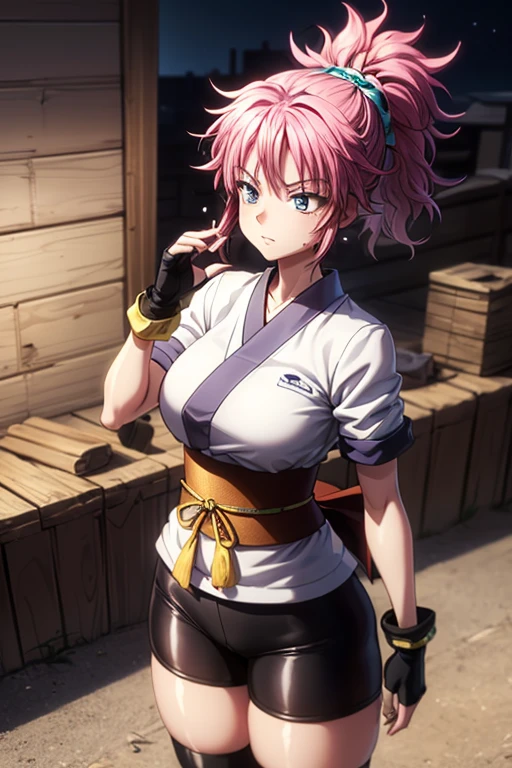 masterpiece, Highest quality,  Unreal Engine,  Super Resolution, Very detailed, 

Beautiful woman, machi, short kimono, obi, sash, fingerless gloves, bike shorts, socks,thighhighs,or, ponytail,hair_ornament, Vivid expression, Healthy Body, Smooth skin texture, Carefully drawn, 

(humidity:1.5), Beautiful Eyes, (Attractive face:1.2), (Beautiful Skin), Tight waist, (Big Breasts), (Sticky with sweat), Dynamic pose, 

In the world of Hunter Hunter, Outdoor, Slums at night,