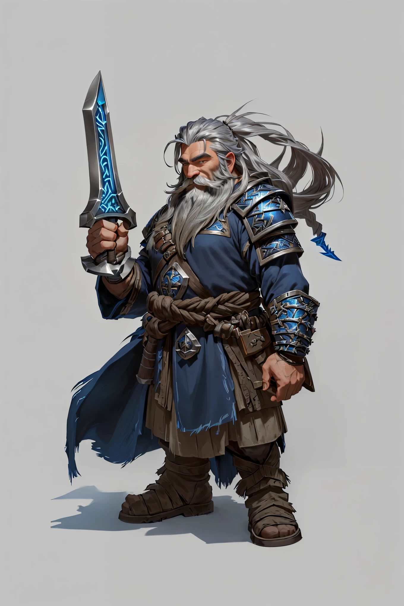 Draw Orik Thunderforge, a robust dwarf blacksmith master with a long bushy beard streaked with silver and deep blue eyes. He wears heavy steel armor with glowing runes and holds a warhammer that glows with electrical runes.. His calloused hands hold his blacksmith's tools. The setting is your forge, illuminated by the glow of fire, with weapons and armor around, and a storm with thunder in the background.