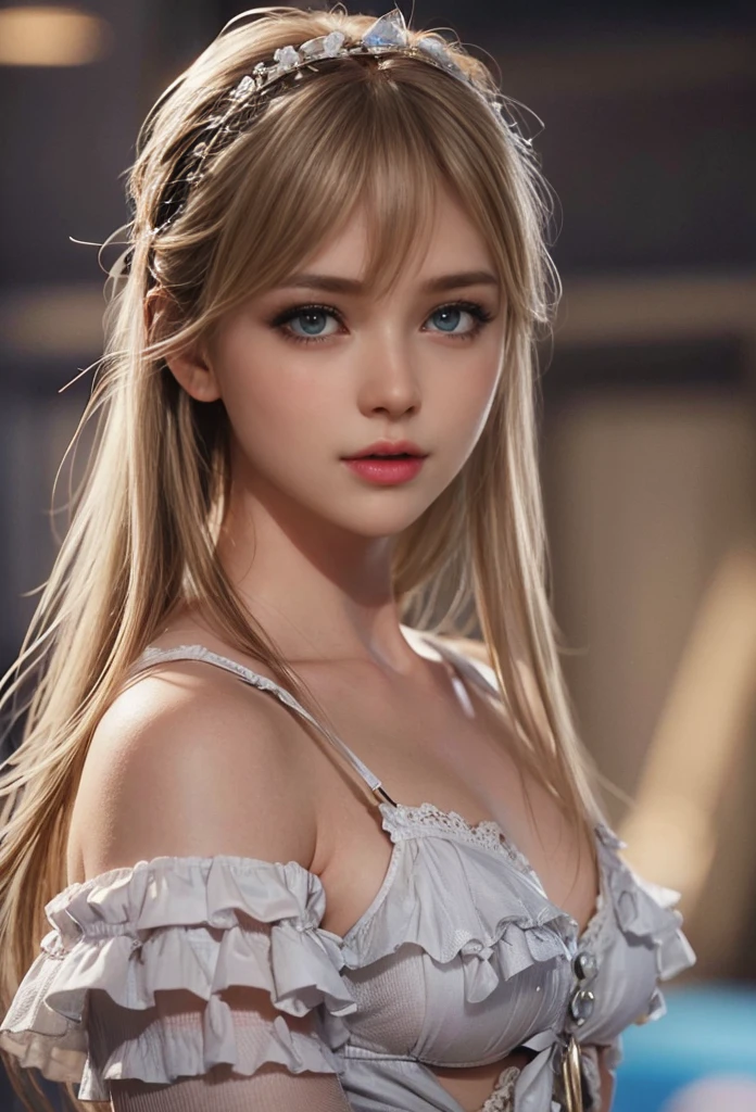 Maria Rosa, blue eyes, blonde hair, (best quality,ultra-detailed),(Realistic:1.37), beautiful and detailed face, ultra-realistic texture, delicate face, delicate body, red lipstick, vivid colors. high definition, 8K.